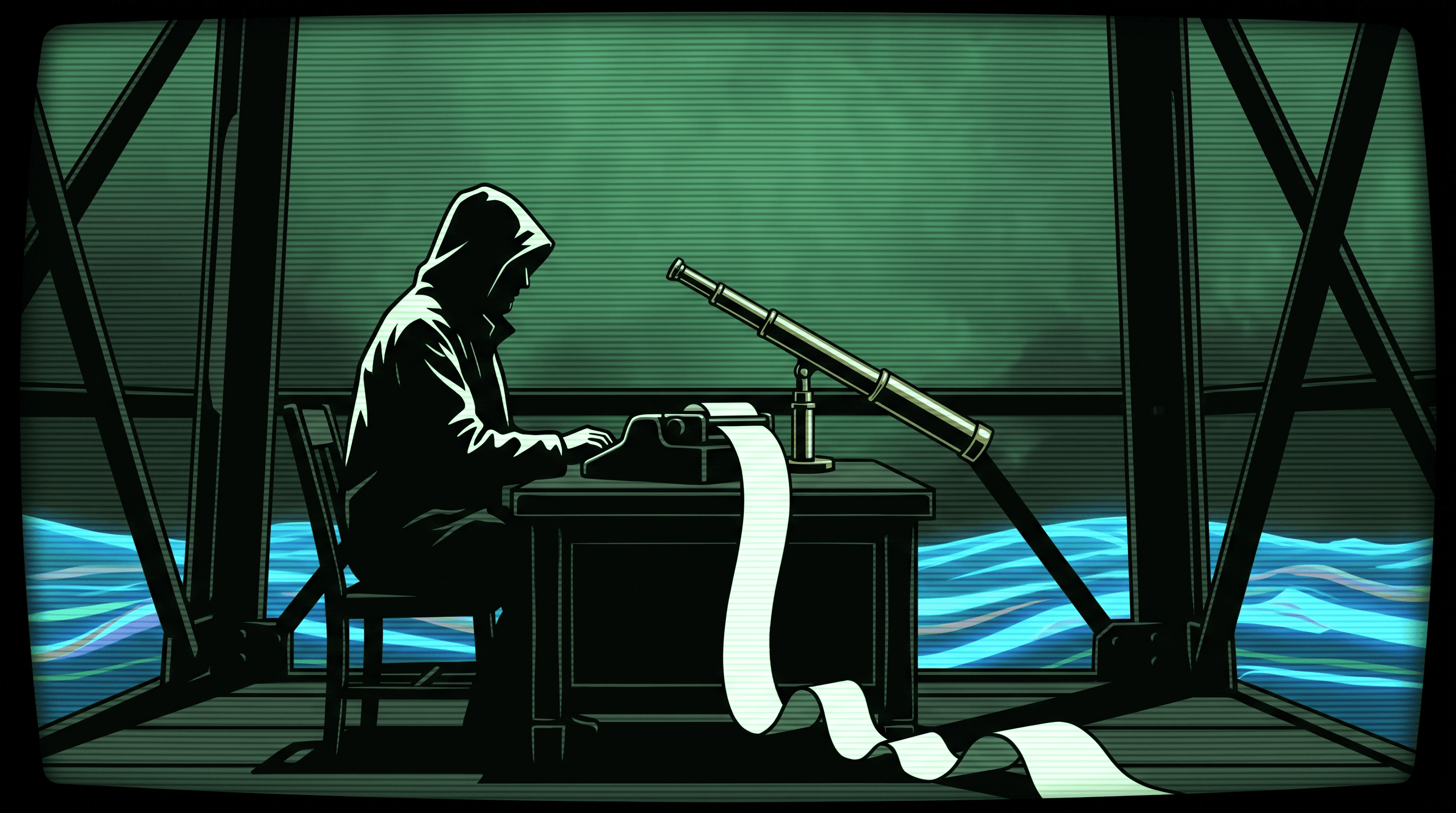 A lone sentry at a watchtower desk, telescope trained on the pool below, a teletype ribbon spilling to the floor
